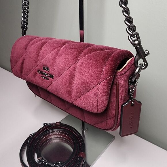 NWT COACH CCE13 Hailey Flap Bag Velvet Organic Cotton With Quilting Burgundy - Picture 2 of 5